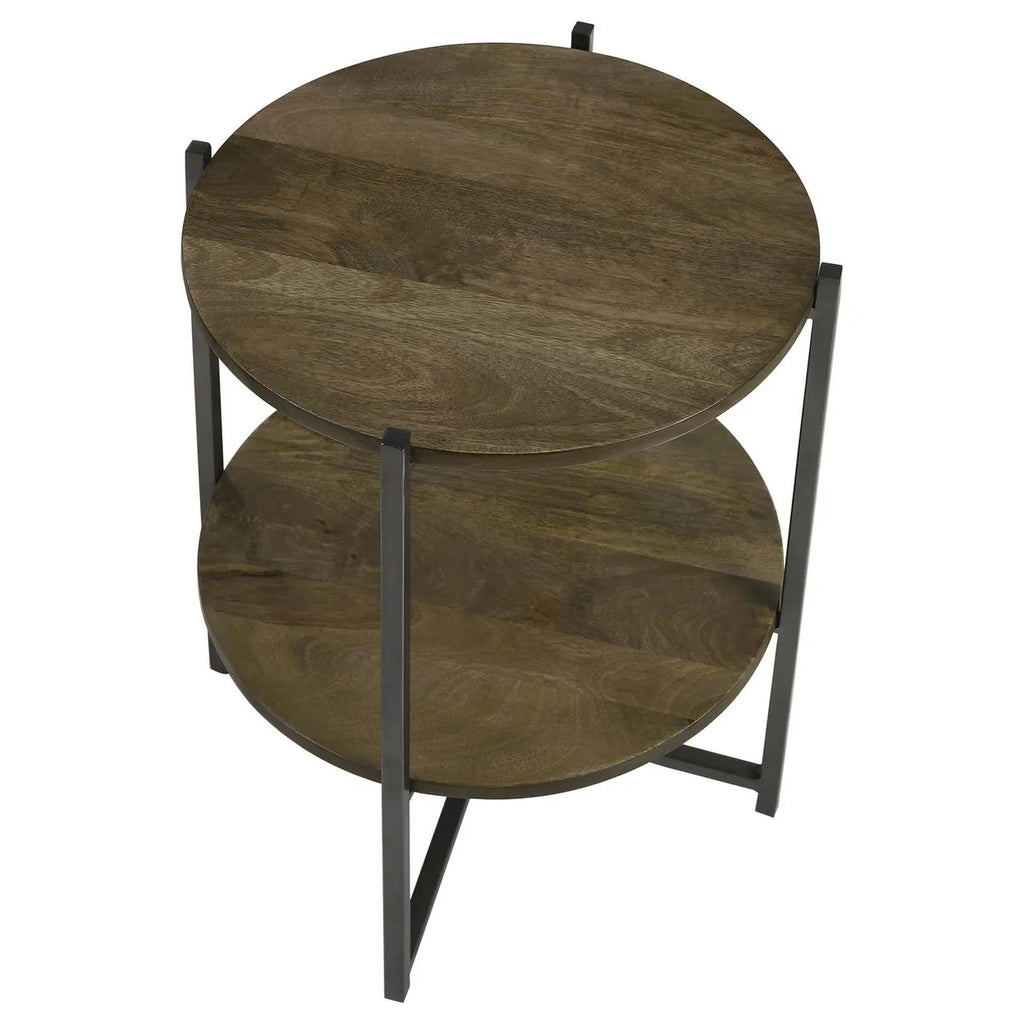 24 Inch Wood Round Accent Side End Table with 1 Open Shelf Gray Brown G624