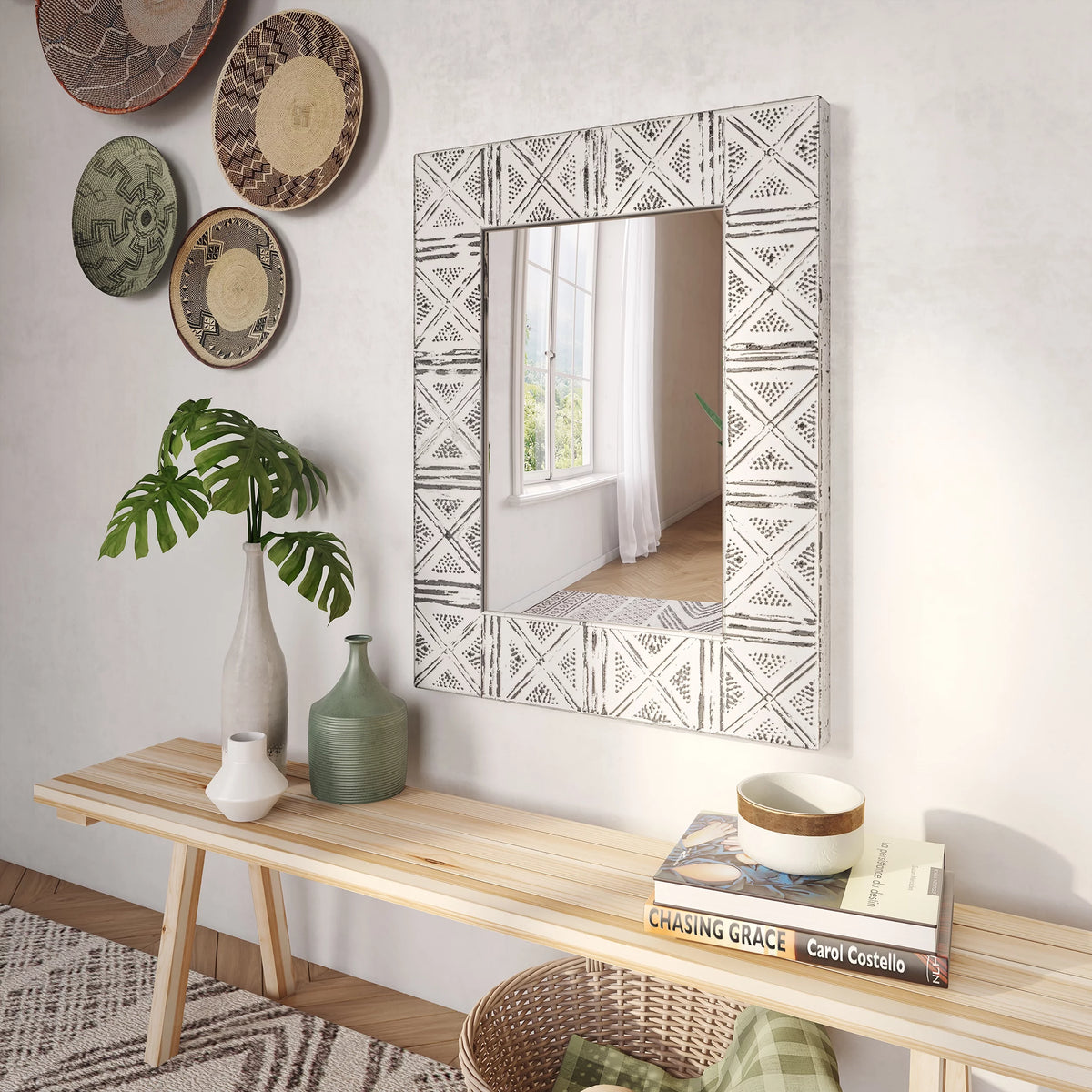 Distressed Metal Wall Mirror with Embossed Frame C90353