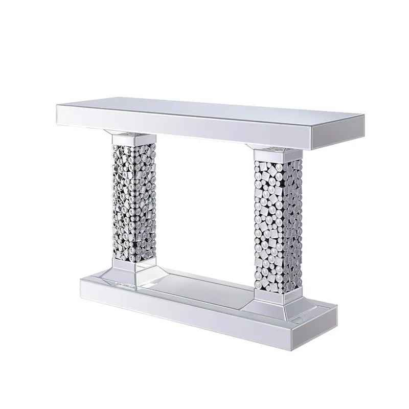 Wood and Mirror Console Table with Two Pedestal Base B4203