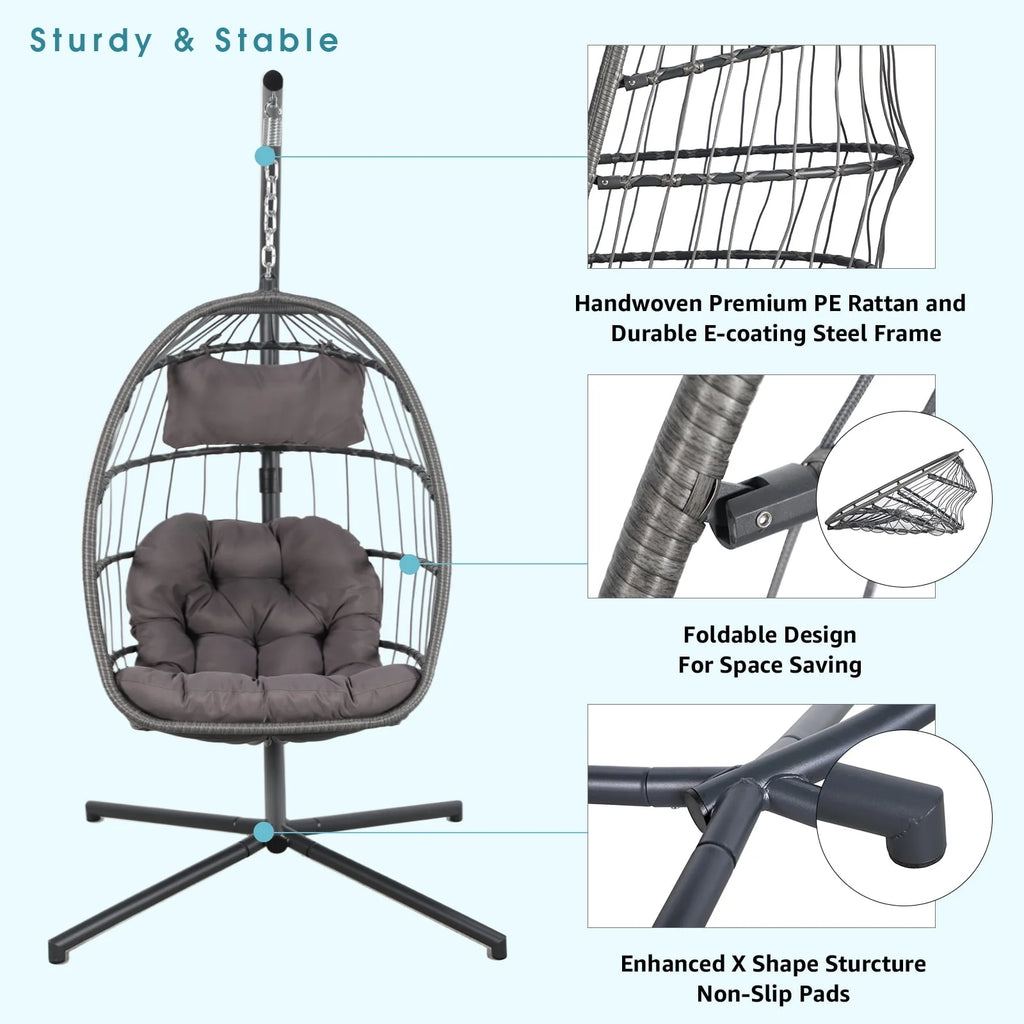 Grey Wicker Rattan Swing Egg Chair with Stand K486787