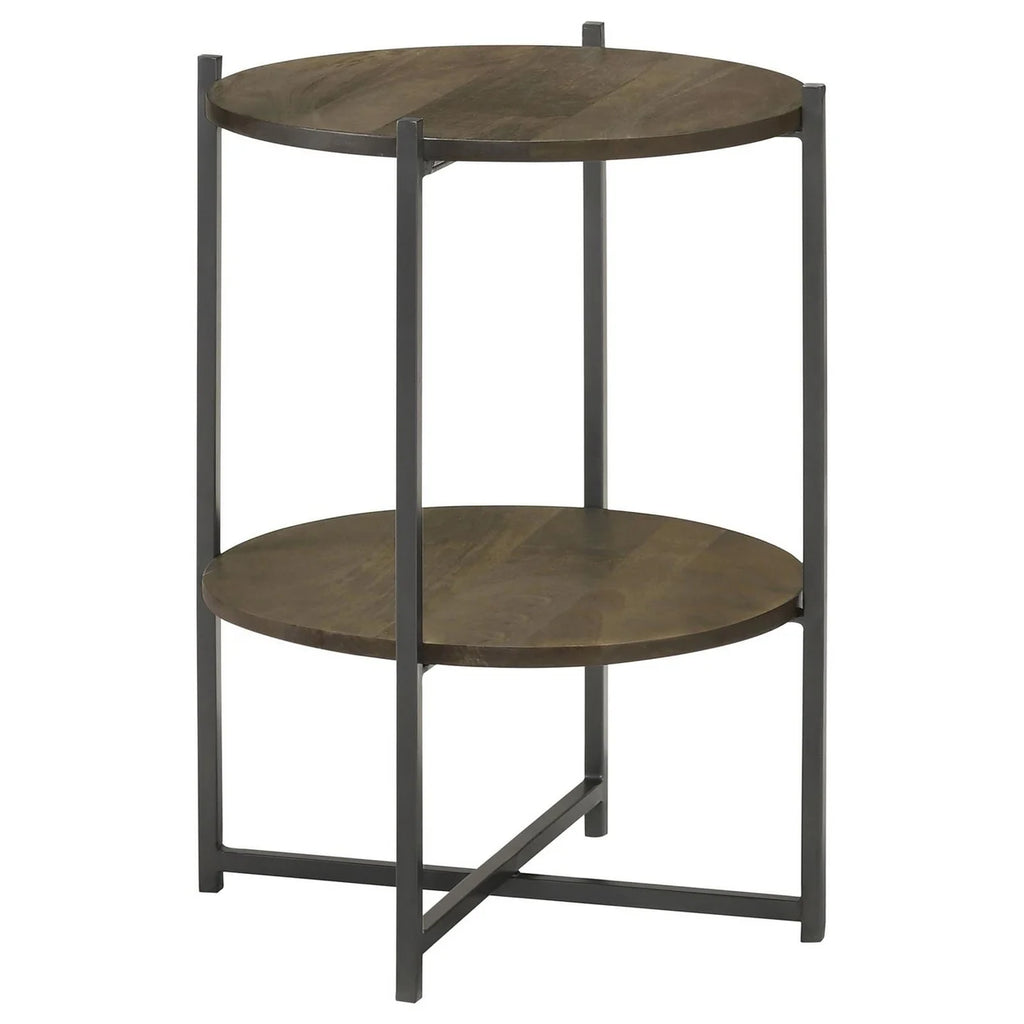 24 Inch Wood Round Accent Side End Table with 1 Open Shelf Gray Brown G624