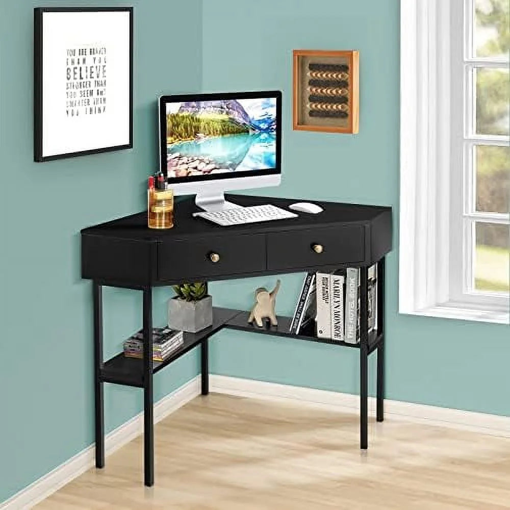 Corner Desk with 2 Drawers and Shelves R40090