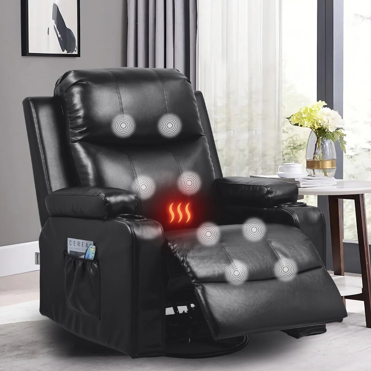 Black PU Leather Swivel Rocker Recliner Chair with Heat and Massage X7238