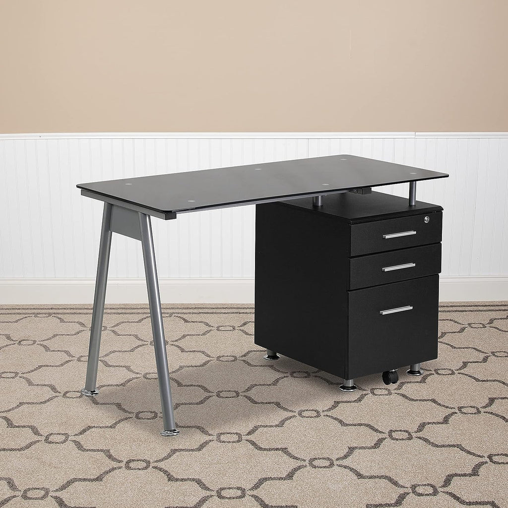Black Glass Computer Desk with Three Drawer Pedestal J158