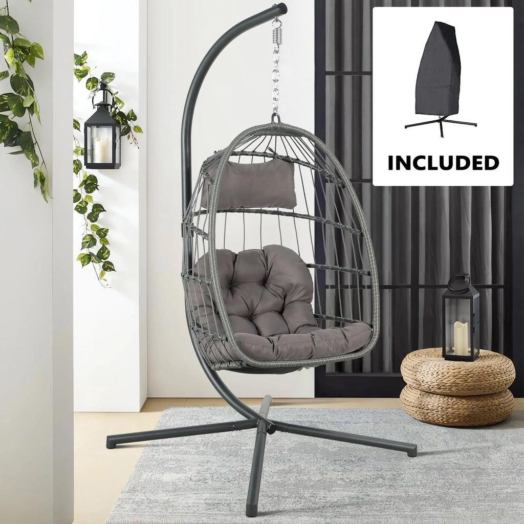 Grey Wicker Rattan Swing Egg Chair with Stand K486787