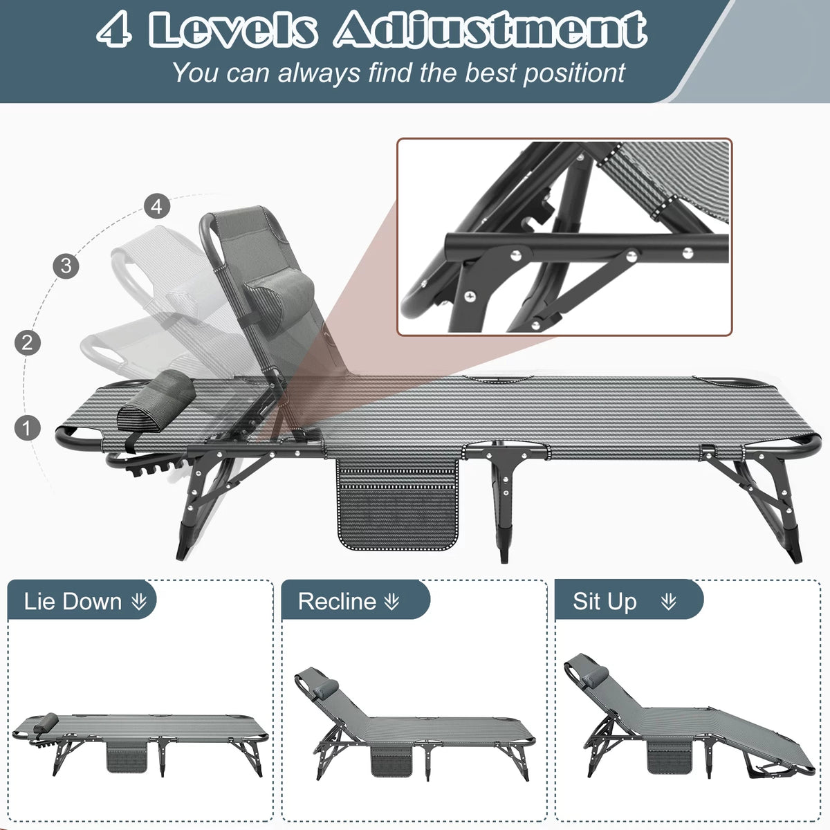Adjustable 4-Position Folding Camping Cot with Pillow A69980