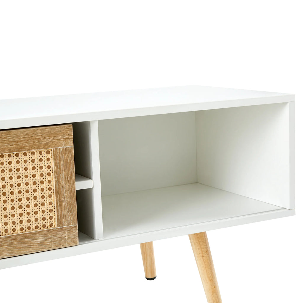 White Rattan TV Cabinet with Sliding Doors H7630