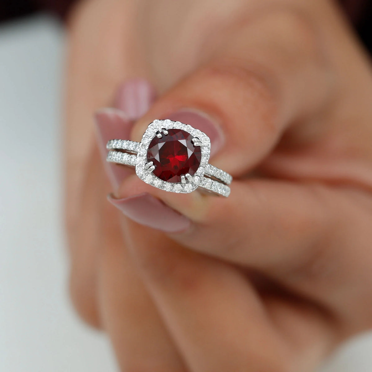 Lab Created Ruby Ring Set with Moissanite Accent, 925 Sterling Silver D980845