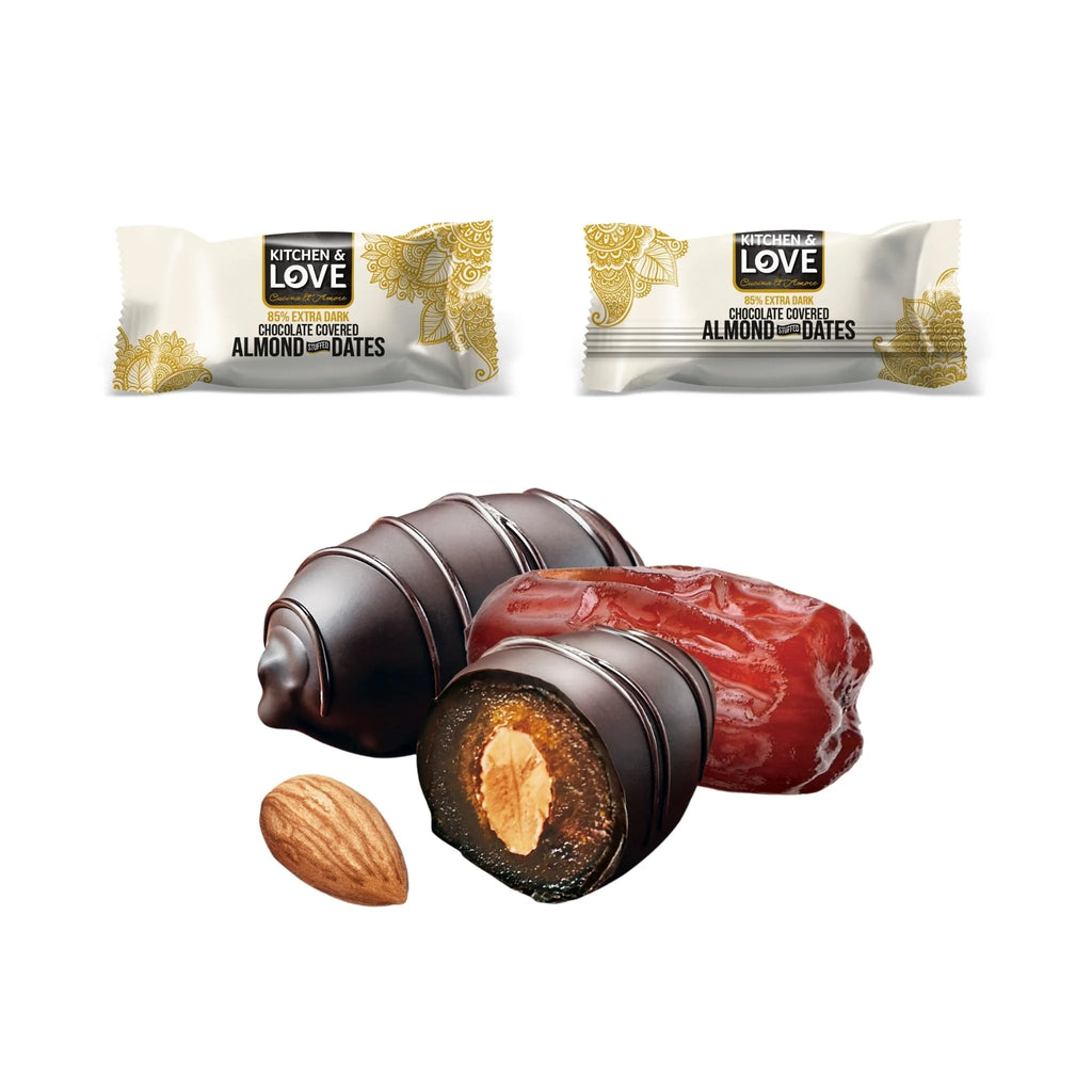 85% Extra Dark Chocolate Covered Almond Stuffed Dates 3.5 oz Pouch Pack of 4 F3580