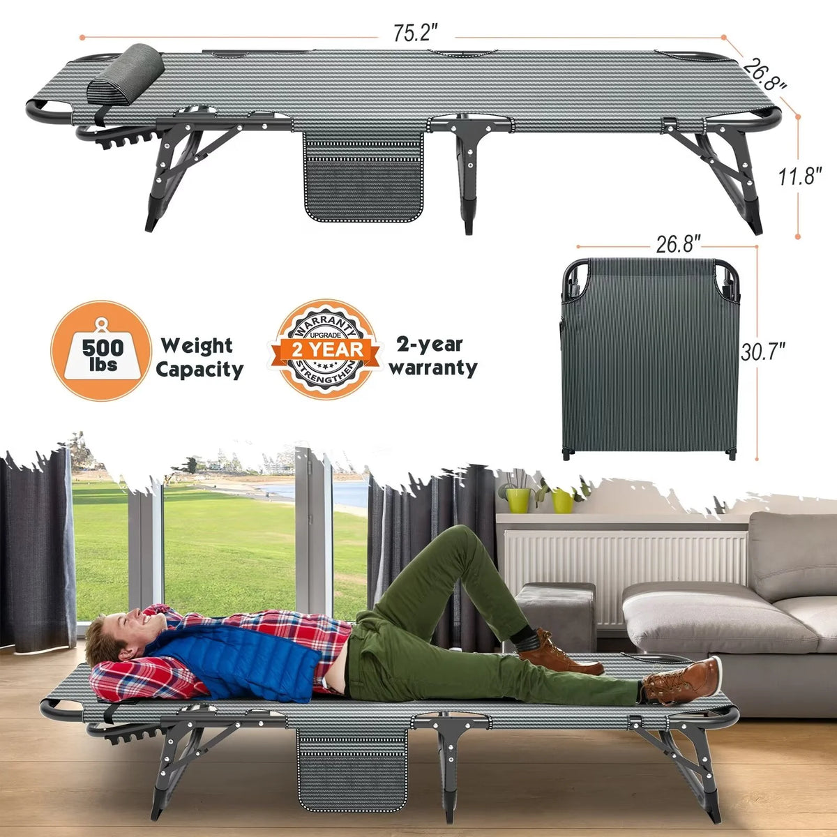 Adjustable 4-Position Folding Camping Cot with Pillow A69980