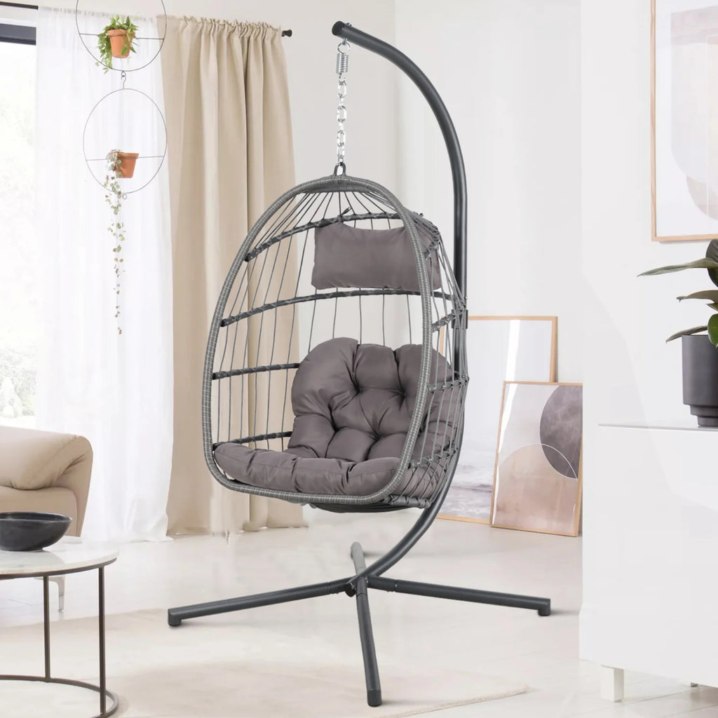 Grey Wicker Rattan Swing Egg Chair with Stand K486787