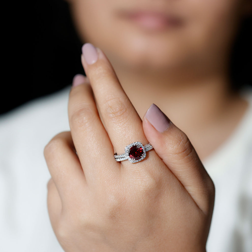 Lab Created Ruby Ring Set with Moissanite Accent, 925 Sterling Silver D980845