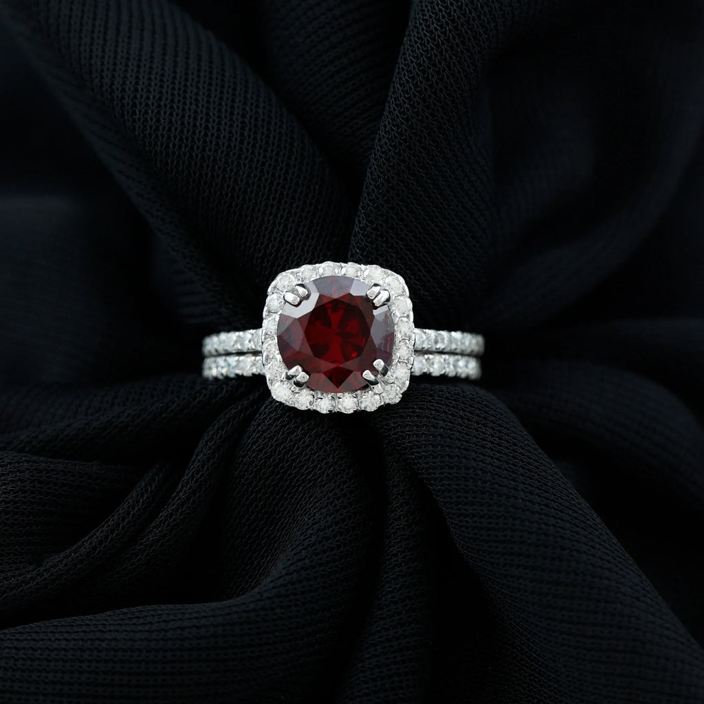 Lab Created Ruby Ring Set with Moissanite Accent, 925 Sterling Silver D980845