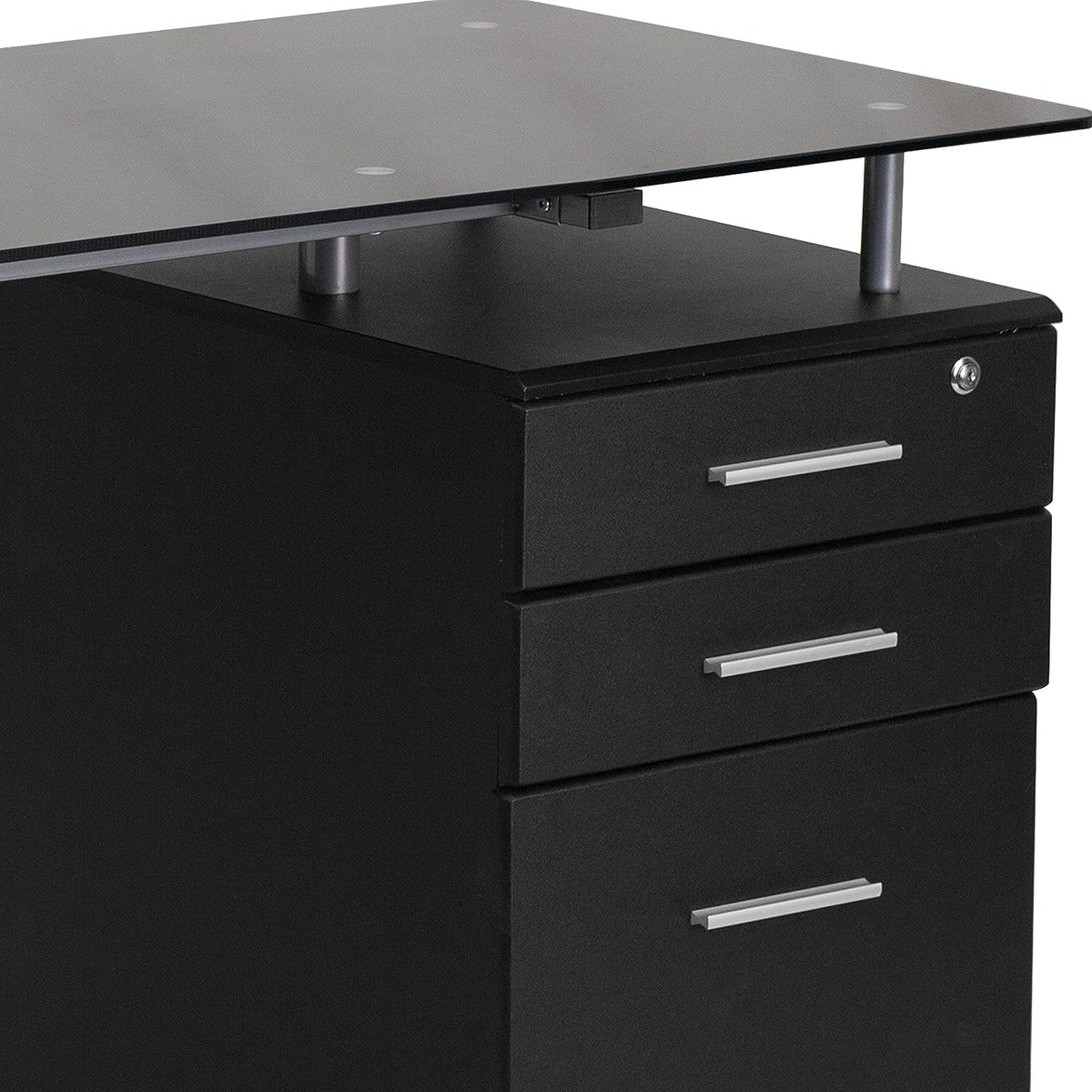 Black Glass Computer Desk with Three Drawer Pedestal J158