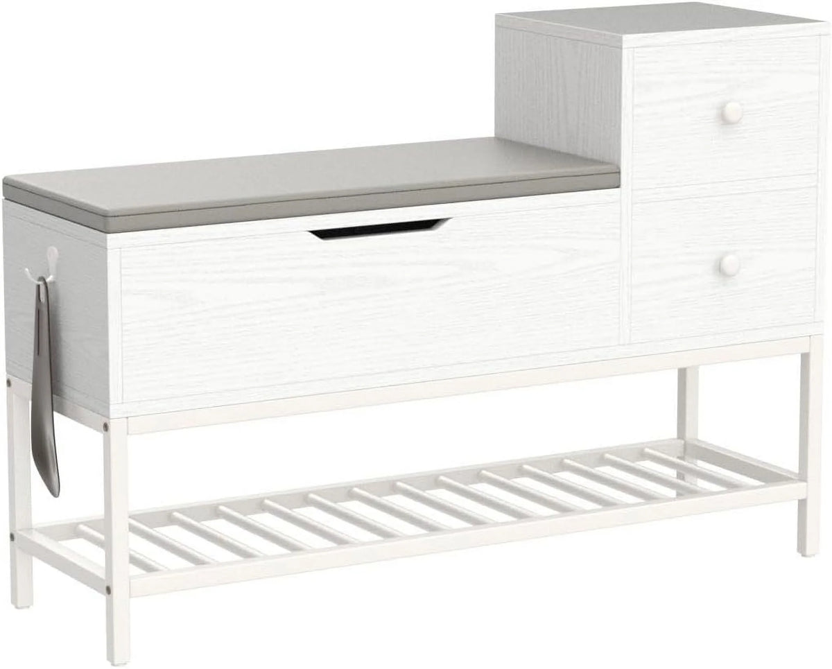 White Storage Bench with Flip Top Storage and 2 Drawers Z755559