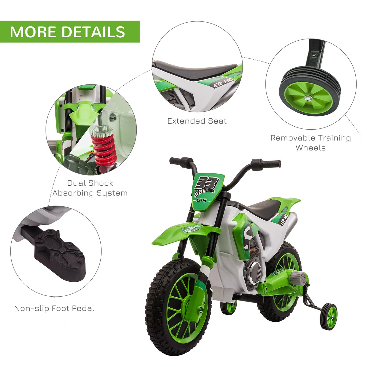 12V Battery-Powered Ride-On Motorcycle with Training Wheels Green B279287